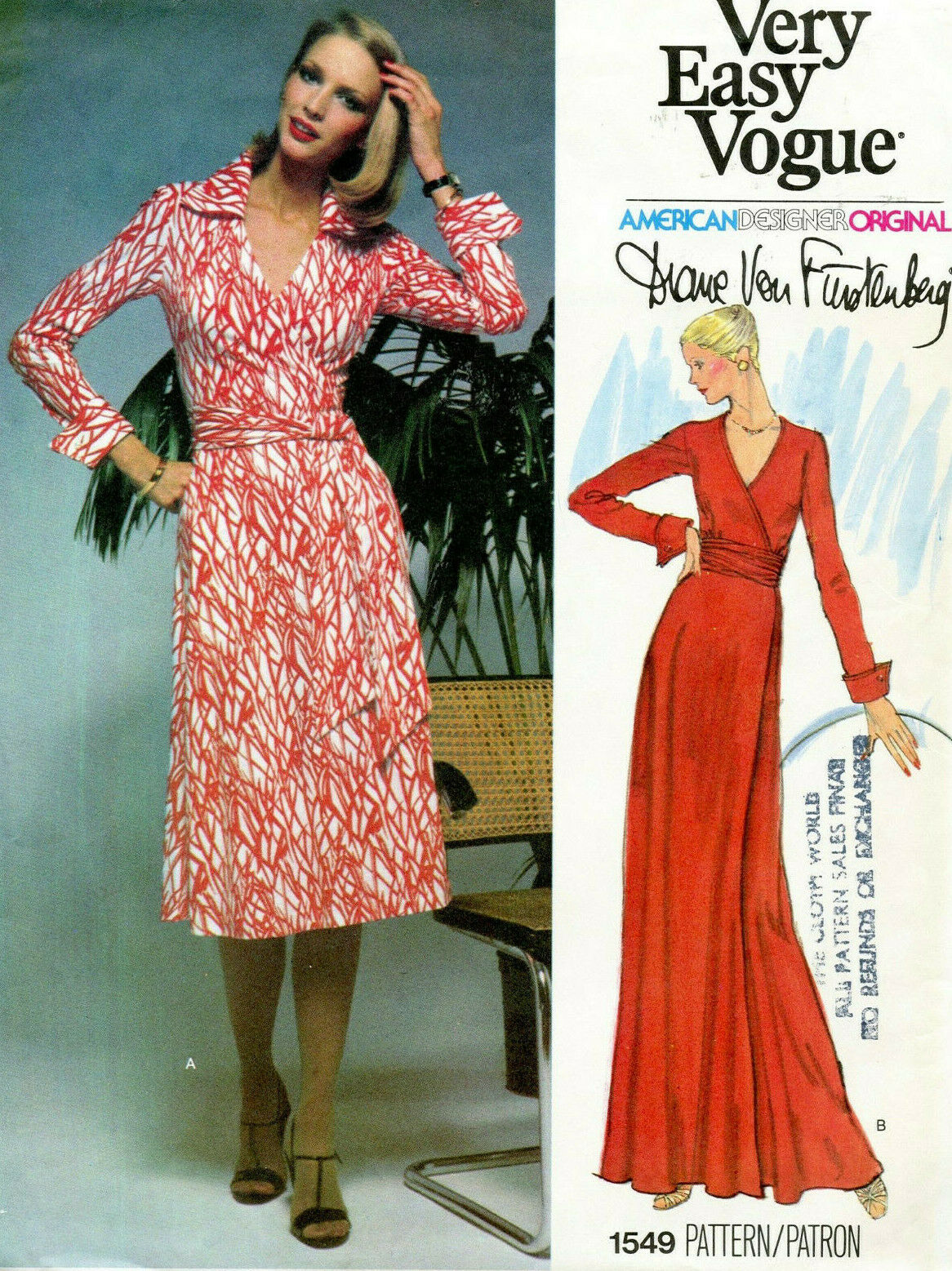 1976 Vintage VOGUE Sewing Pattern WRAP DRESS B36\