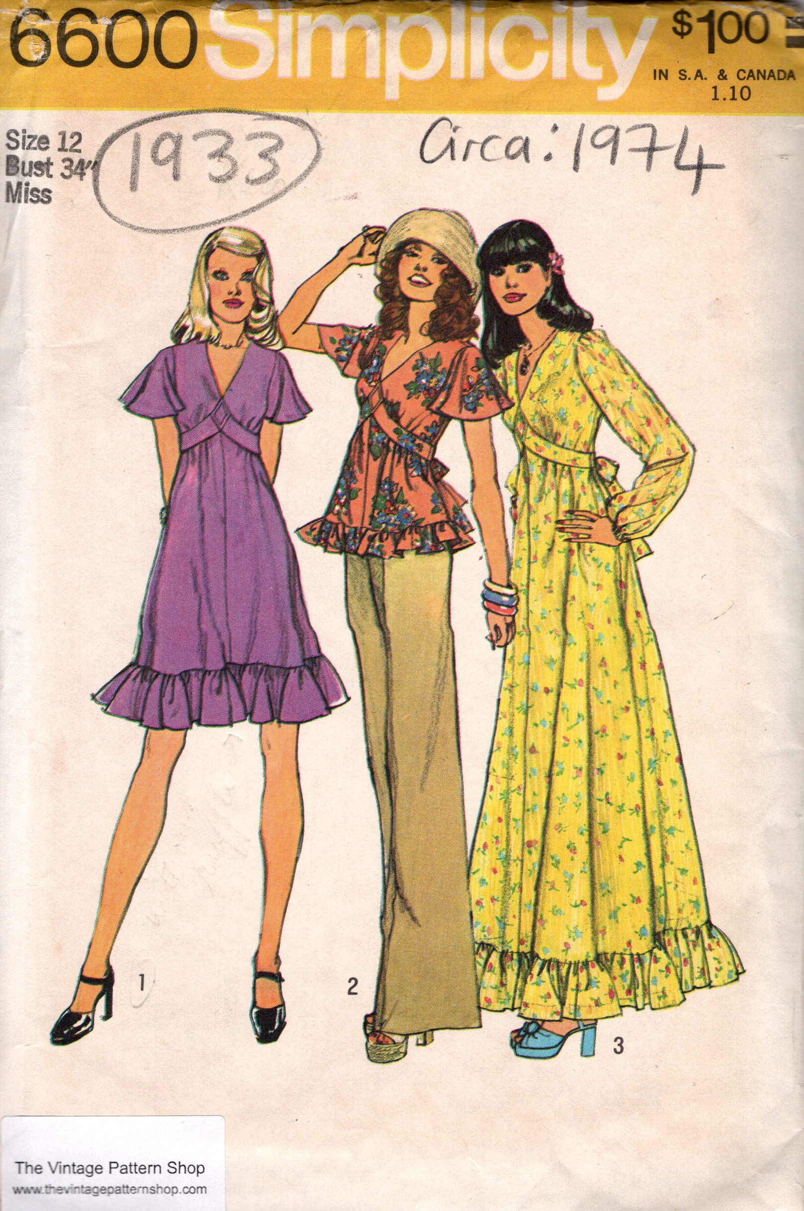 Vintage Sewing Pattern Simplicity 6613 1974 Dress 36 Bust