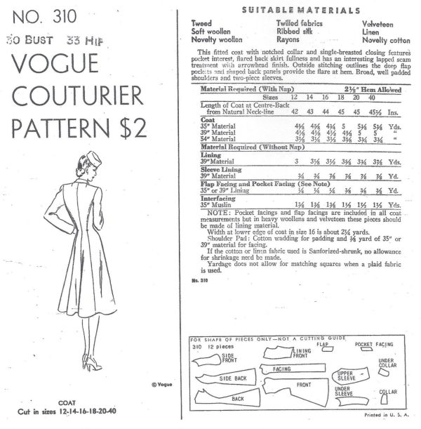 1943-WW2-Vintage-VOGUE-Sewing-Pattern-B30-COAT-1131-261308353110-2