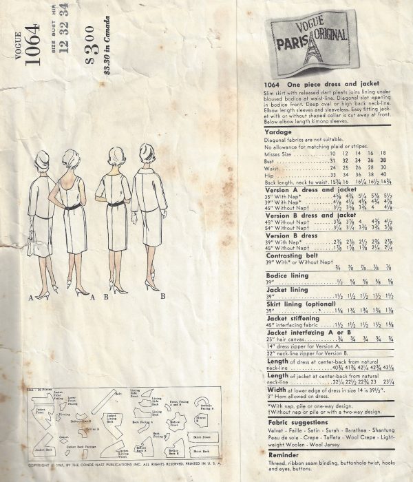 1961-Vintage-VOGUE-Sewing-Pattern-B32-DRESS-JACKET-1771-BY-JEAN-DESSES-262786233650-2