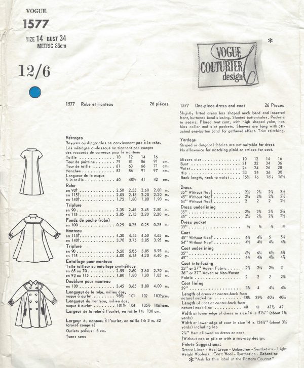1965-Vintage-VOGUE-Sewing-Pattern-B34-DRESS-COAT-1318-By-Fabiani-of-Italy-261579252060-4