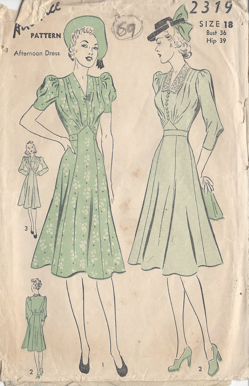 1940s Vintage Sewing Pattern DRESS B36 1940s WW2 Vintage Sewing Pattern B34in