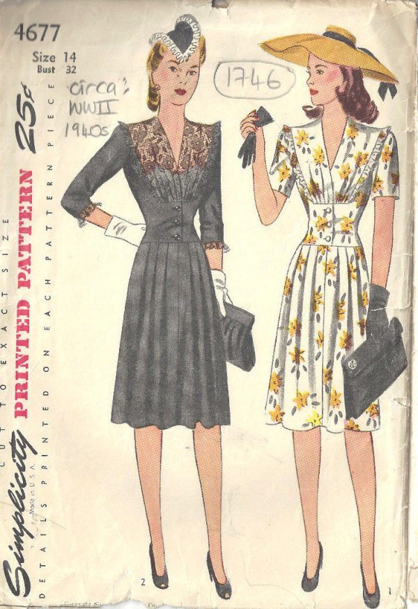 1940s WW2 Vintage Sewing Pattern B32" DRESS (1746) The Vintage