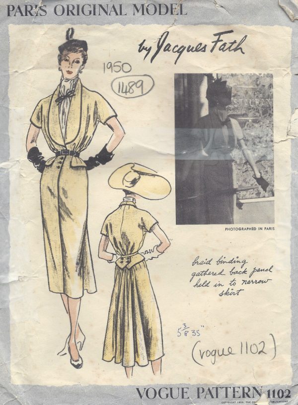 1950-Vintage-VOGUE-Sewing-Pattern-B36-DRESS-SCARF-1489-By-Jacques-Fath-262031443951
