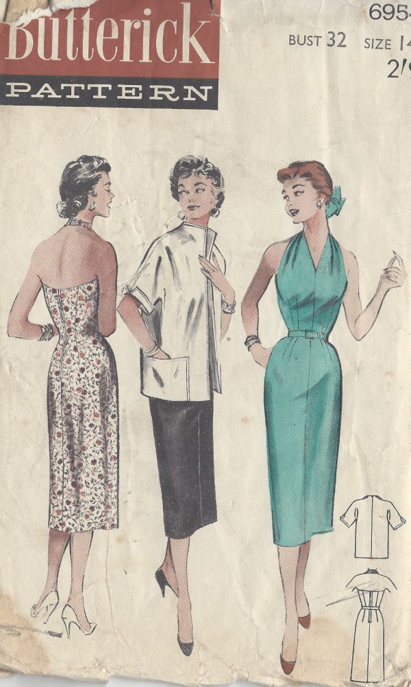 1950s-Vintage-Sewing-Pattern-B32-HALTER-NECK-DRESS-JACKET-1052-251321513301