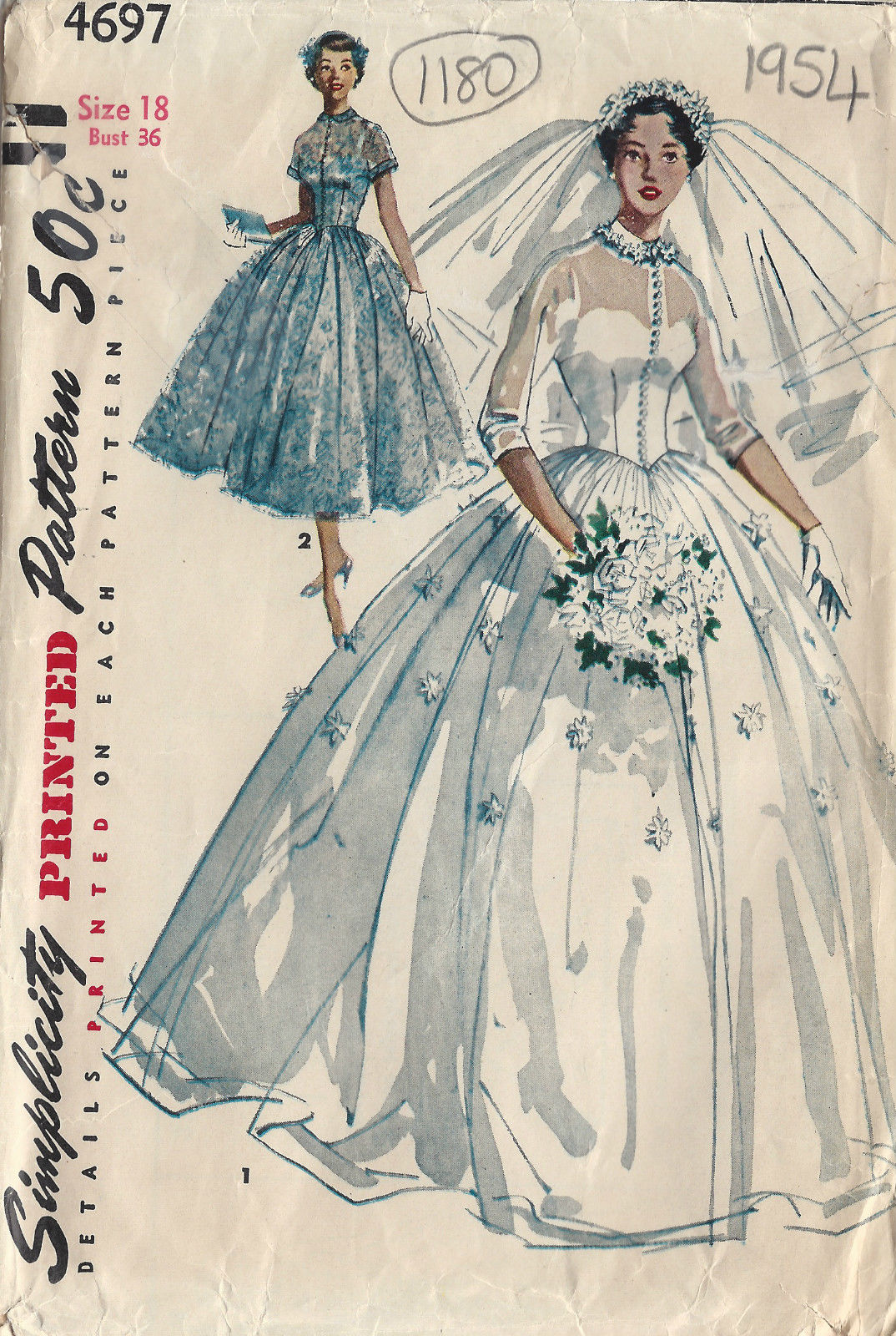 1954 Vintage Sewing Pattern B36 Bridal Gown Bridesmaid Dress