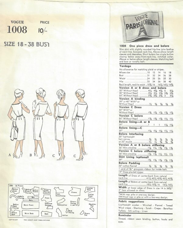 1960-Vintage-VOGUE-Sewing-Pattern-B38-BOLERO-JACKET-DRESS-1555RR-Nina-Ricci-252202845431-2