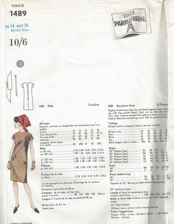 1965-Vintage-VOGUE-Sewing-Pattern-B34-ONE-PIECE-DRESS-SCARF-1775-By-Molyneux-252704382711-2