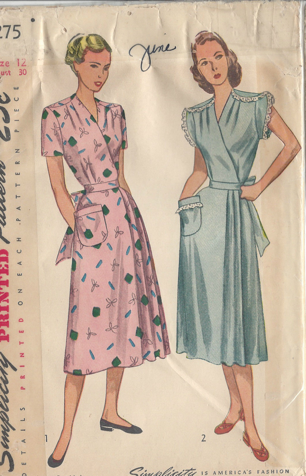1948 Vintage Sewing Pattern B30&quot; WRAP-AROUND HOUSE DRESS (30) - The