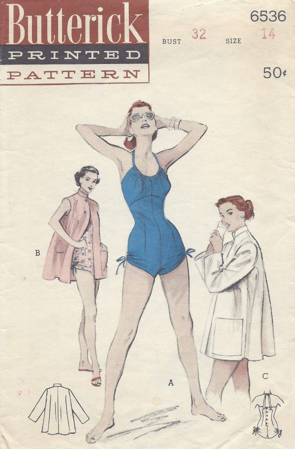 1950s-Vintage-Sewing-Pattern-B32-BEACHCOAT-SWIMSUIT-R968-261214574182