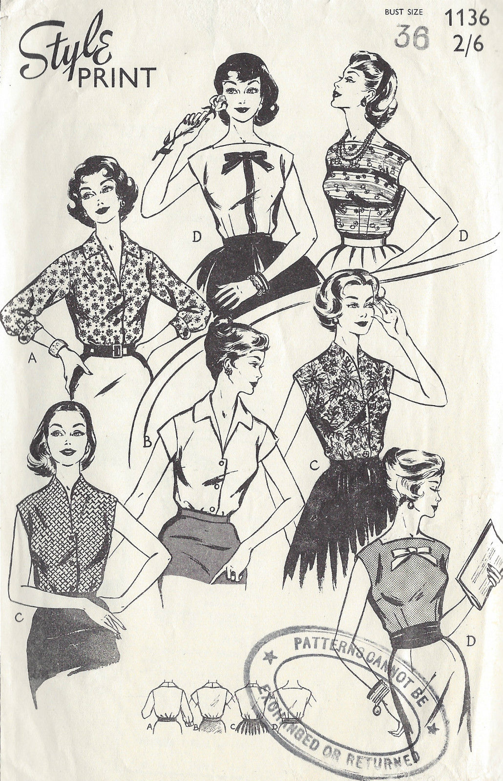 1950s Vintage Nähen Muster Bluse B36 " R546 