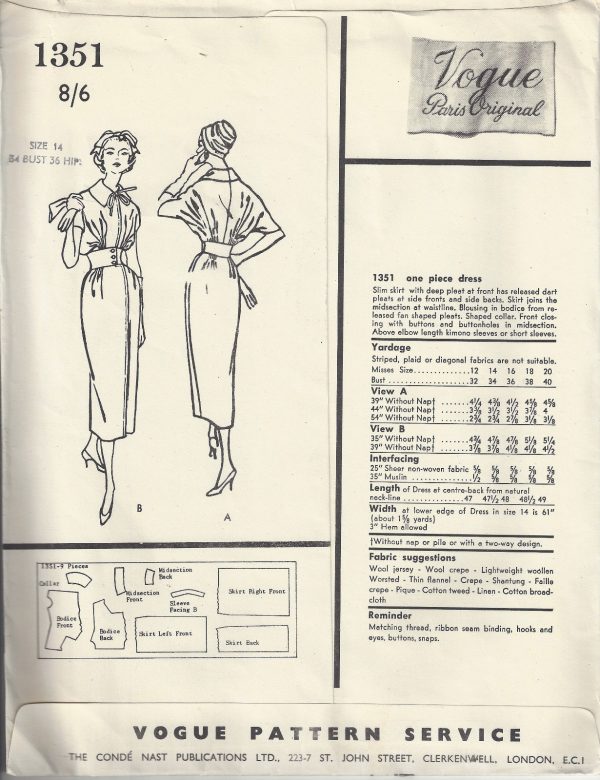 1956-Vintage-VOGUE-Sewing-Pattern-B34-ONE-PIECE-DRESS-1770-By-Gres-262786215652-2
