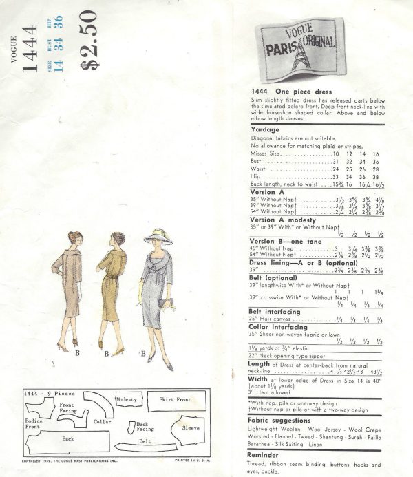1959-Vintage-VOGUE-Sewing-Pattern-B34-DRESS-1413-By-Nina-Ricci-261878478282-2