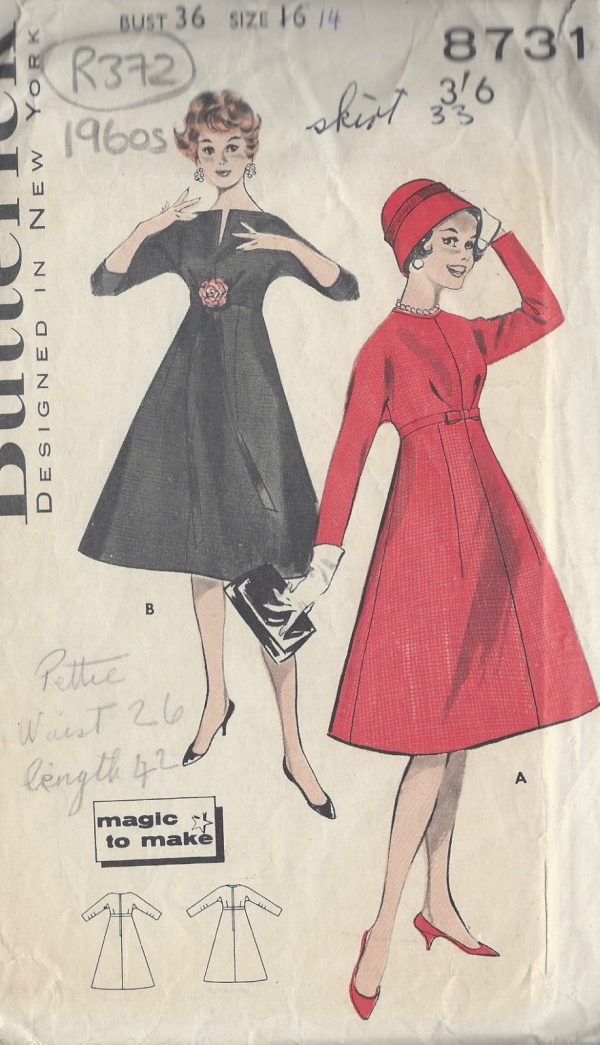 1960s Vintage Sewing Pattern B36" DRESS (R372) By Butterick 8731 The