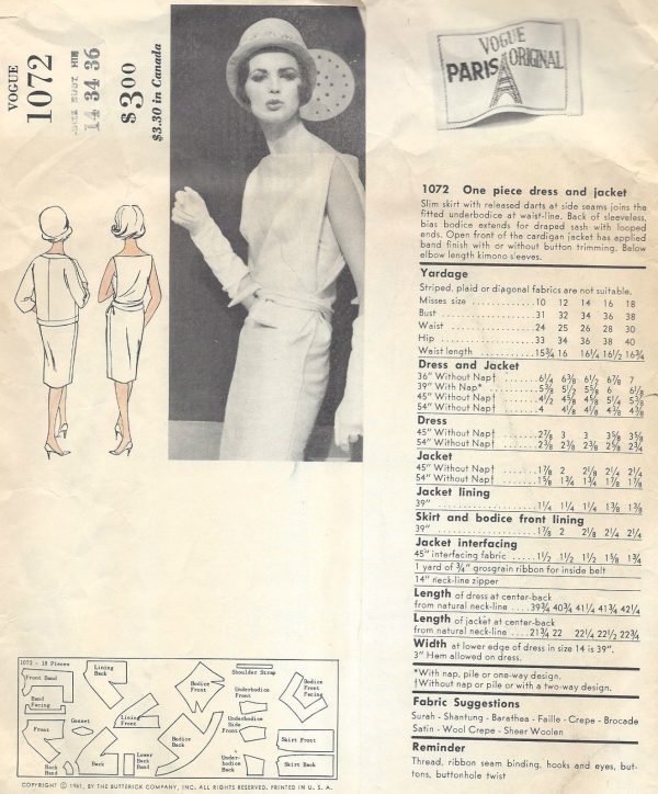 1961-Vintage-VOGUE-Sewing-Pattern-B34-JACKET-JACKET-1399R-BY-JEAN-DESSES-261806208432-2