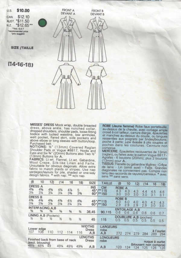 1986-Vintage-VOGUE-Sewing-Pattern-MOCK-WRAP-DRESS-B36-38-40-1703-RALPH-LAUREN-252484232772-2
