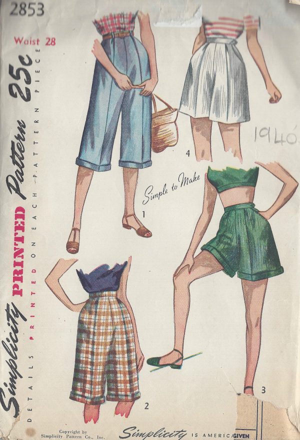 1949-Vintage-Sewing-Pattern-W28-PEDAL-PUSHERS-SHORTS-R823-251220097603