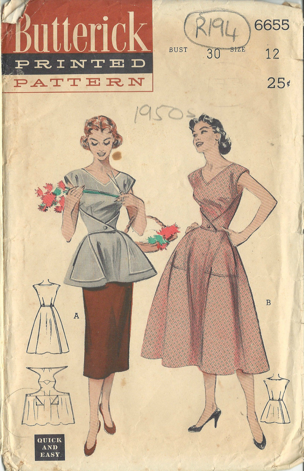 1950s Vintage Sewing Pattern COVERALLAPRON B30" (R194) The Vintage