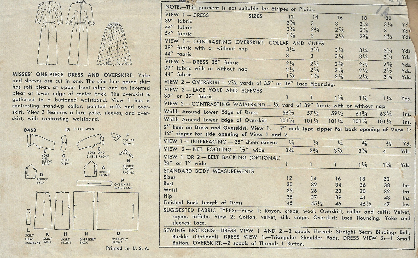 1551 1951 Vintage Sewing Pattern B30" DRESS & OVERSKIRT 