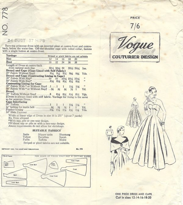 1953-Vintage-VOGUE-Sewing-Pattern-B34-DRESS-CAPE-1434-251967211773-2