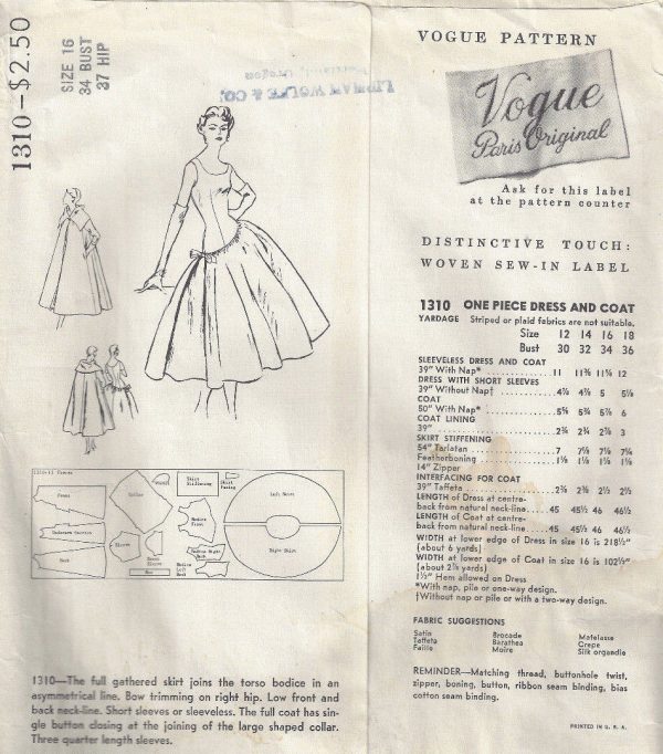 1955-Vintage-VOGUE-Sewing-Pattern-B34-DRESS-COAT-1429R-JEANNE-LANVIN-CASTILLO-262513129083-2