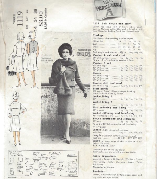 1960s-Vintage-VOGUE-Sewing-Pattern-B34-SUIT-JACKET-SKIRT-BLOUSE-1382R-Dior-252749315223-3