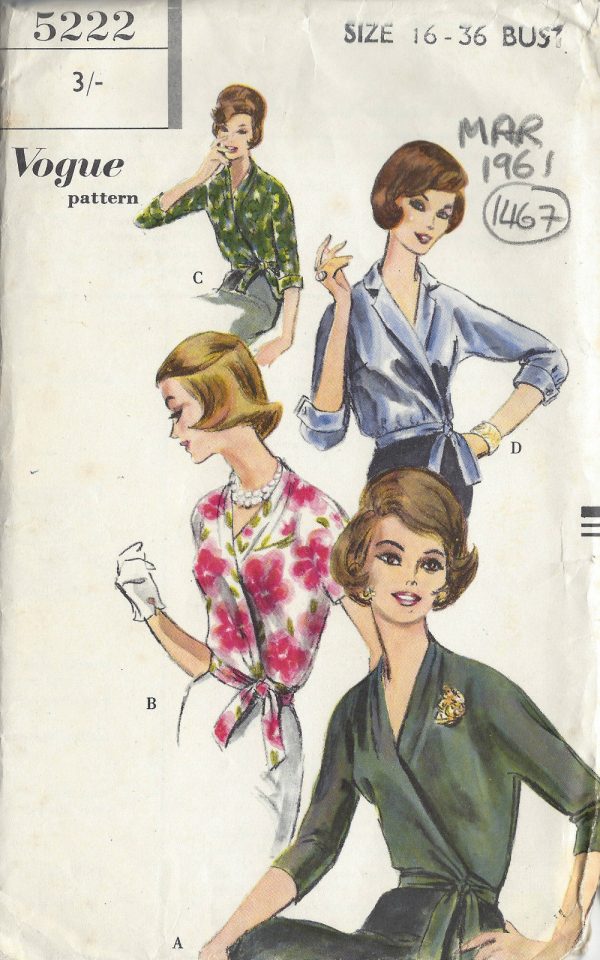 1961-Vintage-VOGUE-Sewing-Pattern-B36-WRAPPED-BLOUSE-1467-261986936383