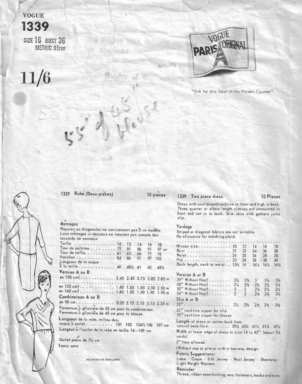 1964-Vintage-VOGUE-Sewing-Pattern-TWO-PIECE-DRESS-B36-1573-Guy-Laroche-262311446833-2