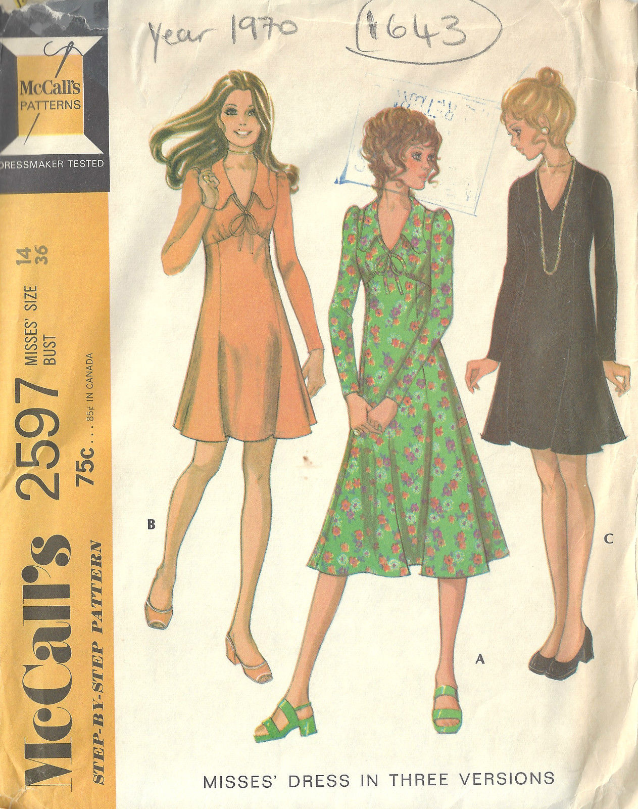 1970 Vintage Sewing Pattern B36" DRESS (1643) - The Vintage ...
