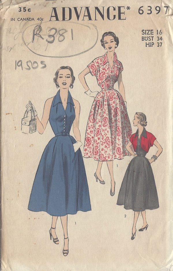 1950s-Vintage-Sewing-Pattern-B34-HALTERNECK-DRESS-BOLERO-R381-251157444554