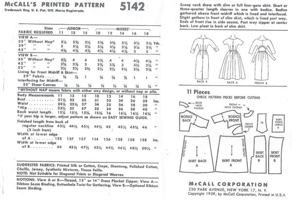 1959 Vintage Sewing Pattern DRESS B36