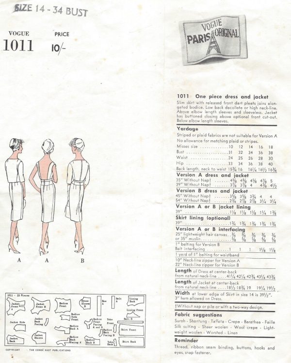 1960-Vintage-VOGUE-Sewing-Pattern-JACKET-DRESS-B34-1389R-By-Patou-261759175604-2