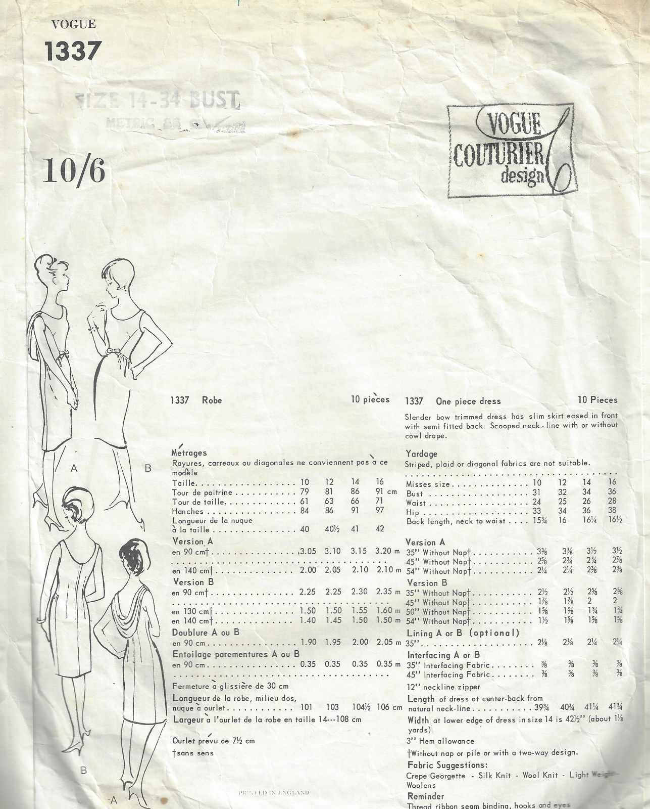 1373R Par Pucci d'Italie 1965 Vintage Vogue Sewing Pattern B36 Veste & Robe