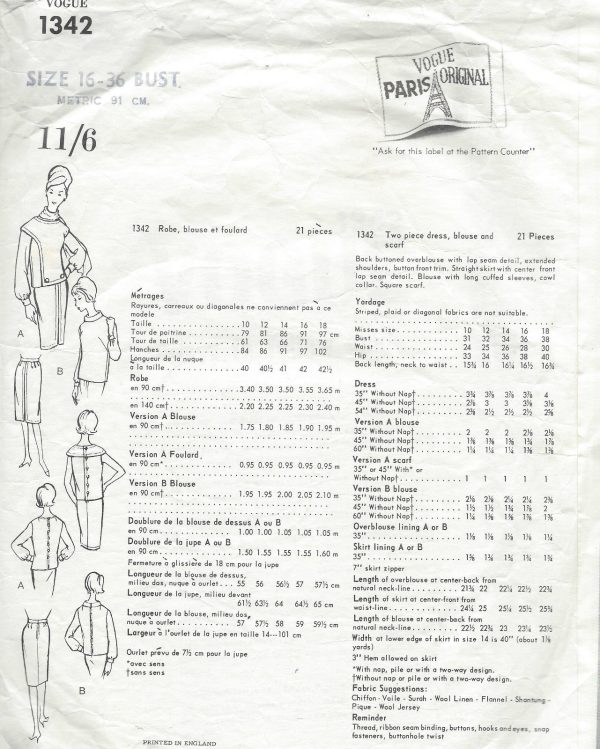 1964-Vintage-VOGUE-Sewing-Pattern-DRESS-BLOUSE-SCARF-B36-1513-Pierre-Cardin-252104503824-2
