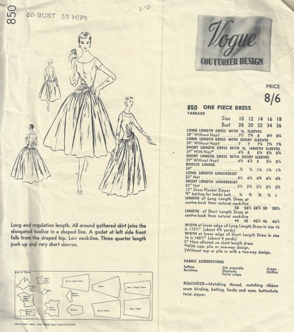 1955 Vintage Vogue Sewing Pattern 6 One Piece Dress 12 By Vogue 850 The Vintage Pattern Shop