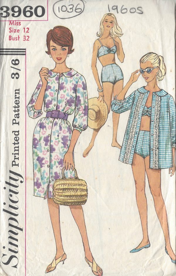 1960s-Vintage-Sewing-Pattern-DRESS-BATHING-SUIT-BEACH-SHIRT-B32-1036-261241095105