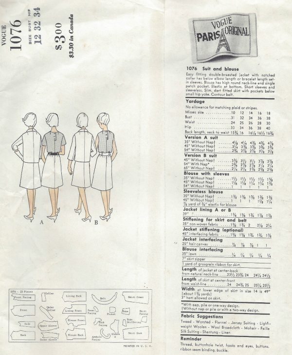 1961-Vintage-VOGUE-Sewing-Pattern-B32-JACKET-SKIRT-BLOUSE-1494-Christian-Dior-252081992505-2