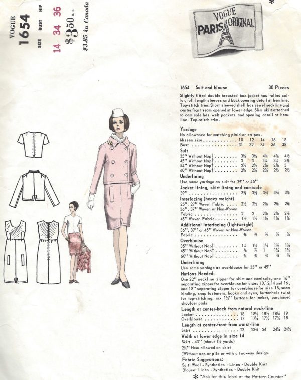 1966-Vintage-VOGUE-Sewing-Pattern-B34-SUIT-BLOUSE-JACKET-DRESS-1390-Dior-251817598615-2