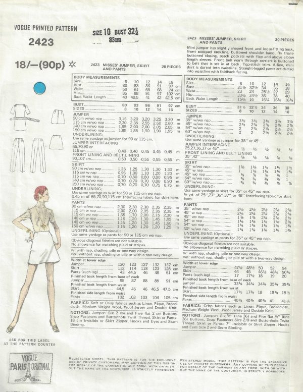 1970-Vintage-VOGUE-Sewing-Pattern-B325-JUMPER-DRESS-SKIRT-PANTS-1637-LANVIN-262422068615-2