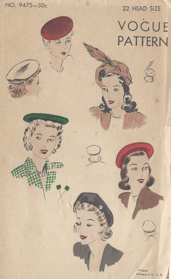 BERET Hat TAM Fascinator 21.5-22.5" Vintage 1940's McCall 1463 Fabric Pattern 
