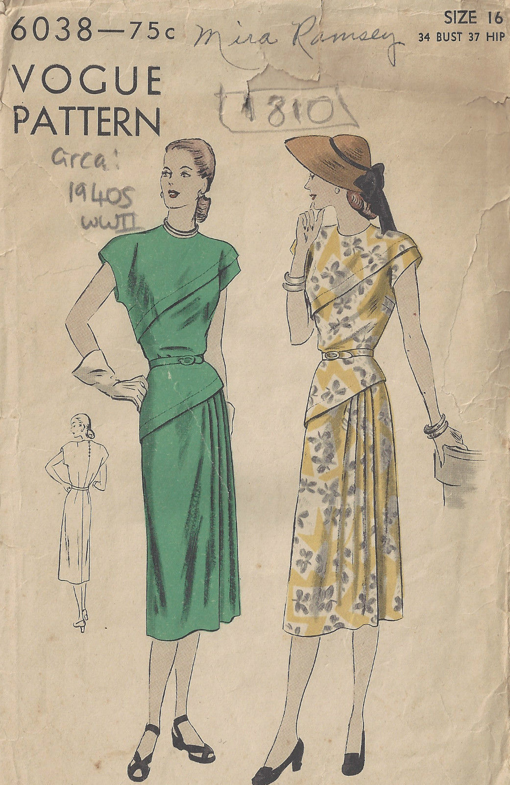 1940s WW2 Vintage VOGUE Sewing Pattern 1940s WW2 Vintage Sewing Pattern B34in