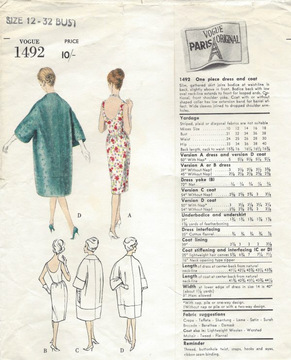 1950s-Vintage-VOGUE-Sewing-Pattern-DRESS-COAT-B32-R253-By-Guy-Laroche-251143195886-2