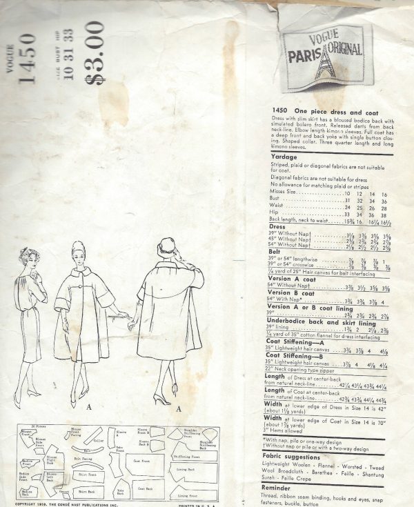1959-Vintage-VOGUE-Sewing-Pattern-DRESS-COAT-B31-1414R-By-Guy-Laroche-251949680196-2