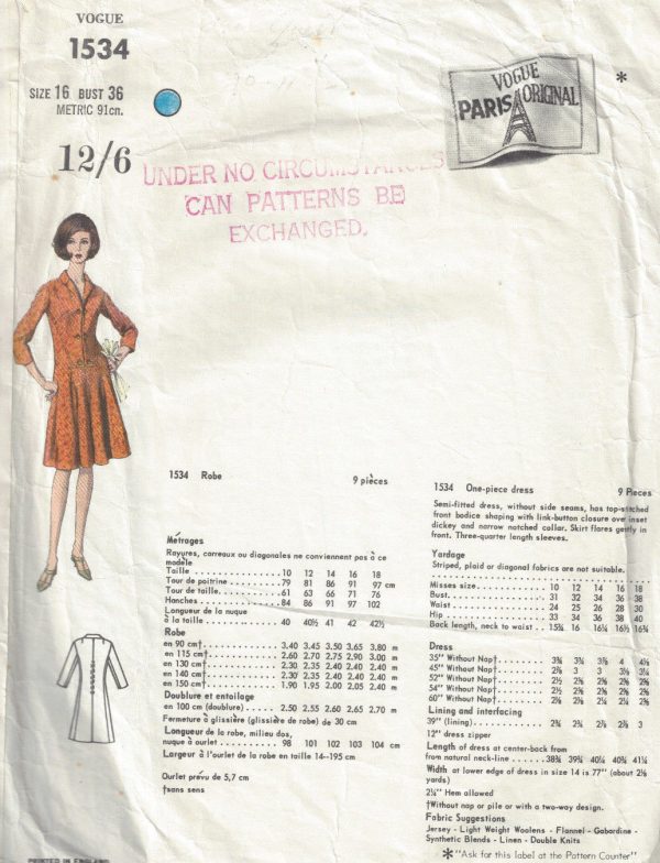 1960s-Vintage-VOGUE-Sewing-Pattern-B36-DRESS-1696-By-JACQUES-GRIFFE-252484223696-2