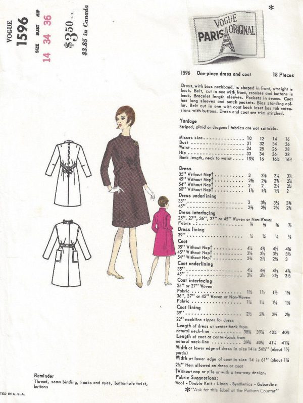 1966-Vintage-VOGUE-Sewing-Pattern-B34-COAT-DRESS-1783R-By-JACQUES-GRIFFE-262870043366-2