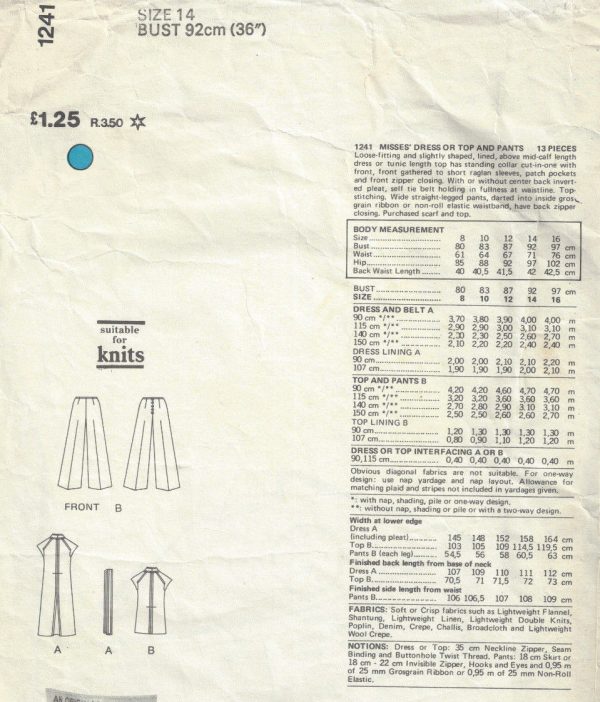 1970s-Vintage-VOGUE-Sewing-Pattern-B36-DRESS-TOP-PANTS-1711-Jerry-Silverman-252485773956-2
