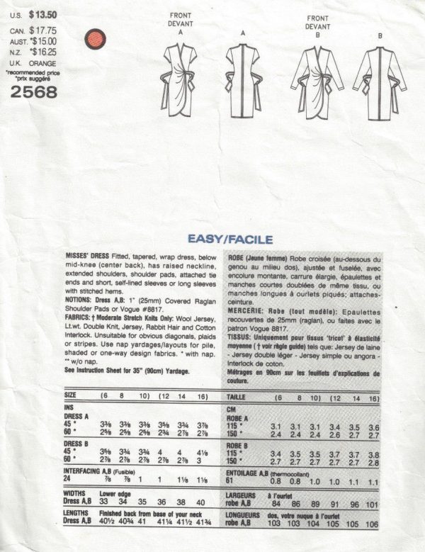 1989-Vintage-VOGUE-Sewing-Pattern-DRESS-B34-36-38-1699-By-Tom-Linda-Platt-262557532416-2