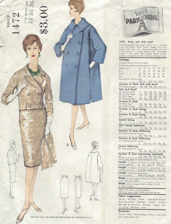 1959-Vintage-VOGUE-Sewing-Pattern-B34-SUIT-COAT-JACKET-SKIRT-SCARF-1381-Dior-261720894037-2