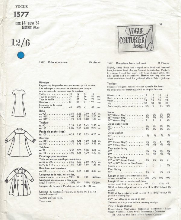 1965-Vintage-VOGUE-Sewing-Pattern-B34-COAT-DRESS-1318R-By-Fabiani-of-Italy-261579253437-4