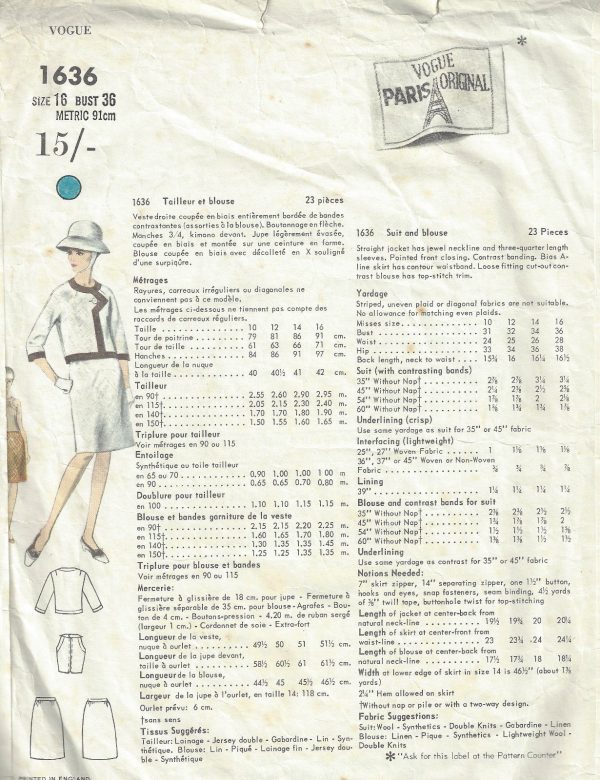 1966-Vintage-VOGUE-Sewing-Pattern-B36-JACKET-SKIRT-BLOUSE-1572R-Pierre-Cardin-252302650077-2
